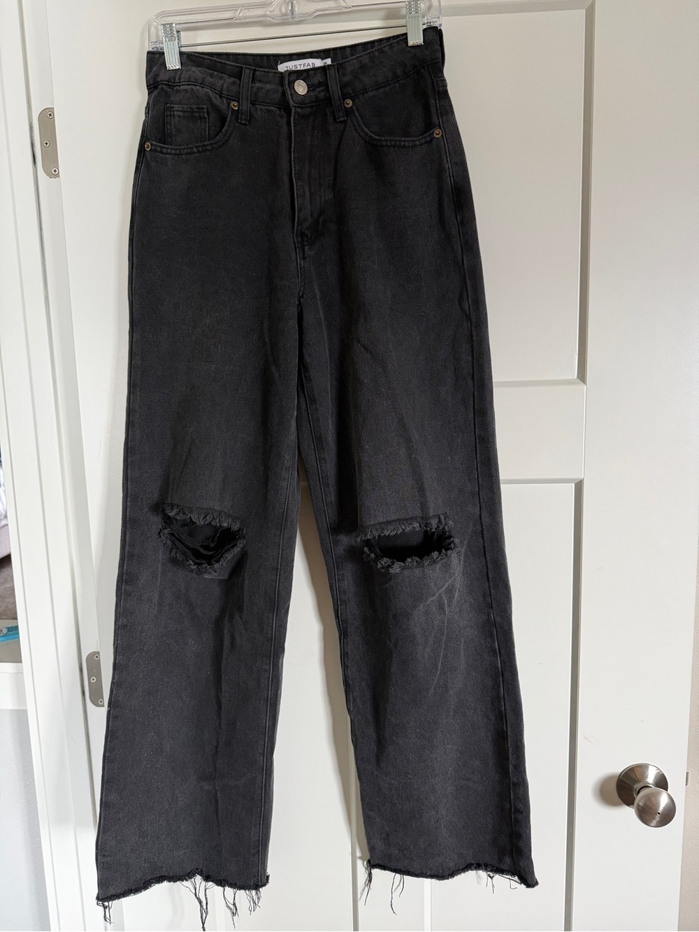 JustFab High Rise Wide Leg Distressed Black Jeans